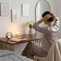 A woman in her desk doing her simple night routine habits