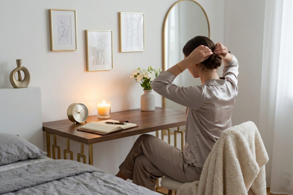 A woman in her desk doing her simple night routine habits