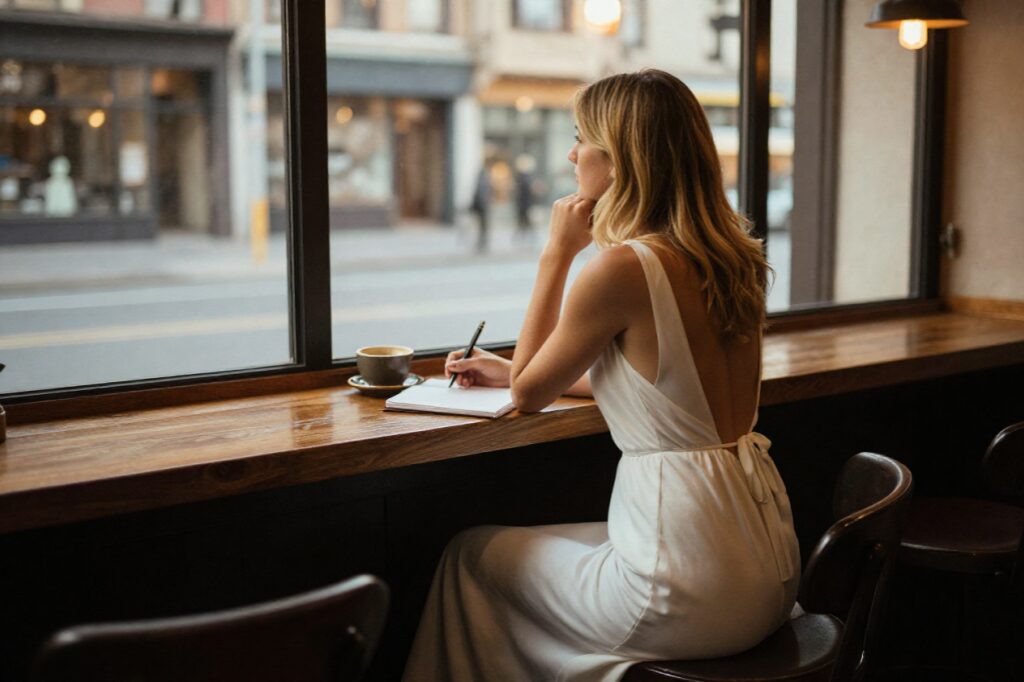 A woman at a coffee shop wondering How to Find Yourself Again When You Feel Lost