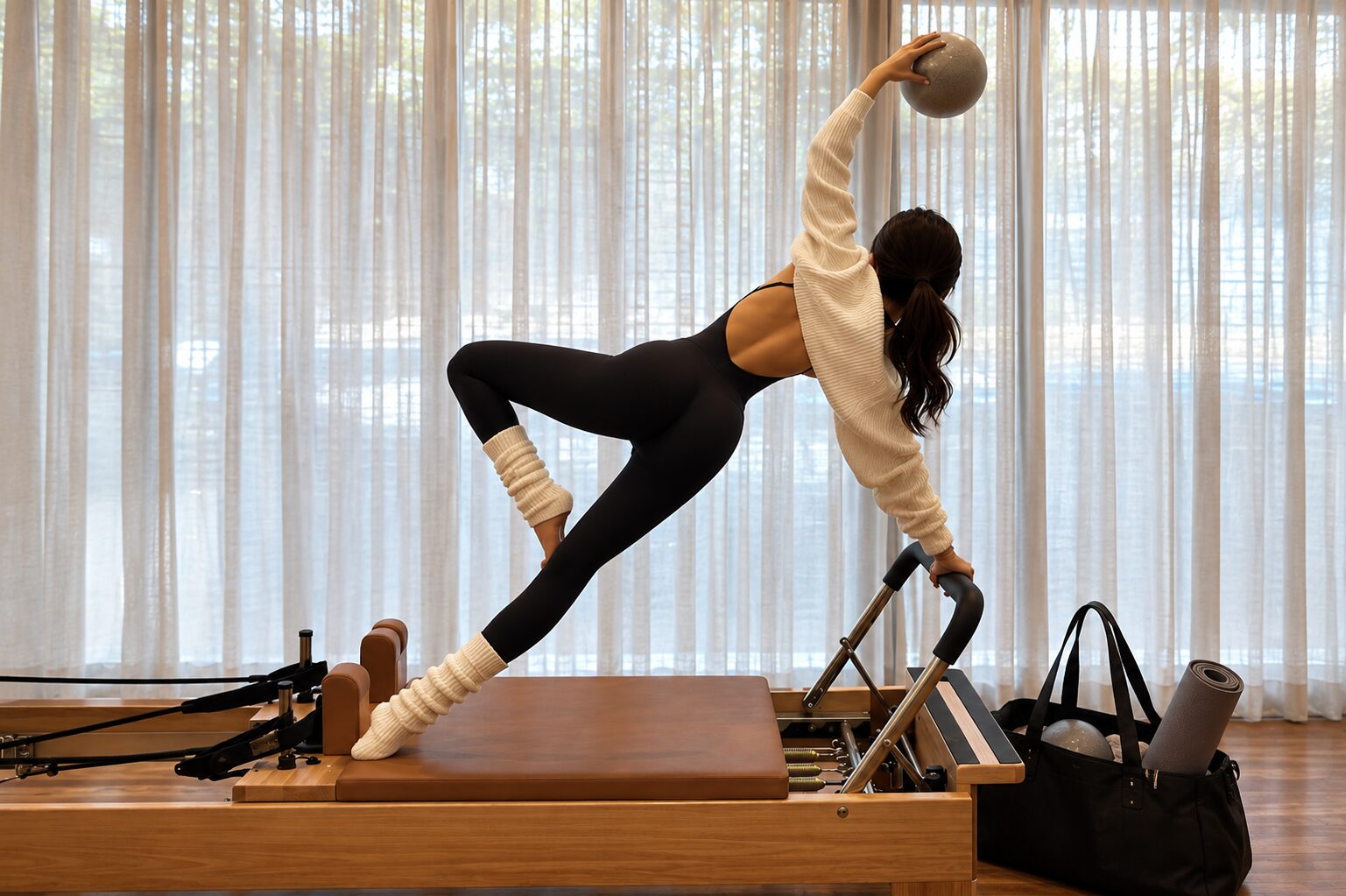 A woman doing Pilates with all of her Pilates Bag Essentials beside her