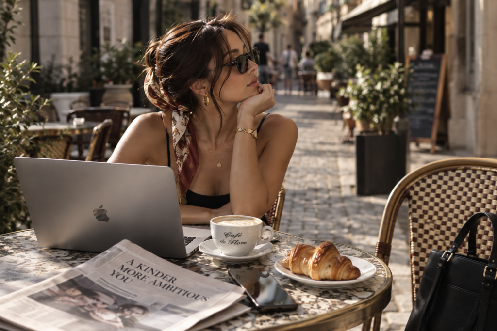 A woman at an outdoor cafe making extra money online