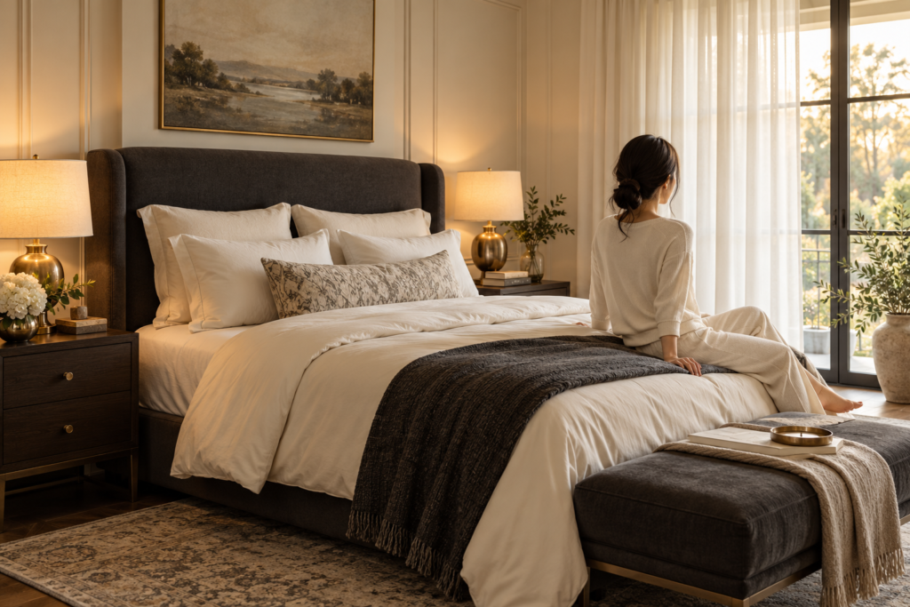 Boutique hotel bedroom with cream bedding, charcoal accents, warm brass bedside lamps, and a woman seated facing the window.