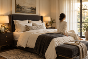 Boutique hotel bedroom with cream bedding, charcoal accents, warm brass bedside lamps, and a woman seated facing the window.