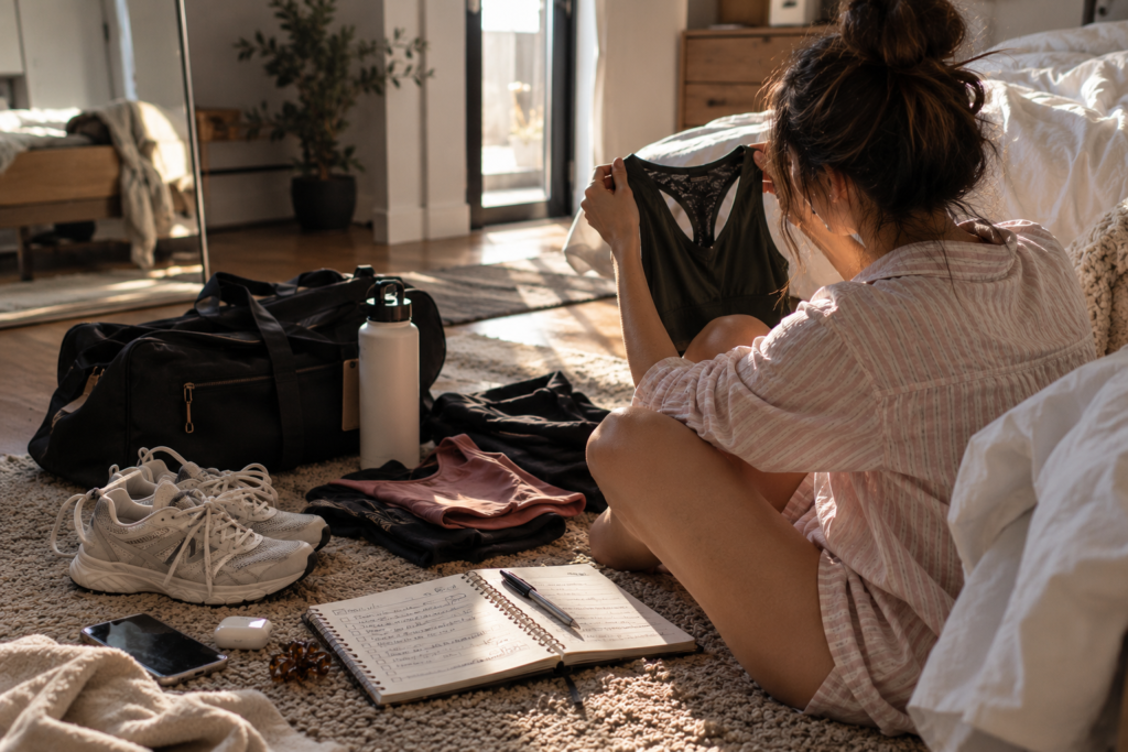 Woman in pajamas holding workout clothes beside running shoes, water bottle and fitness planner while getting back in shape