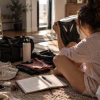 Woman in pajamas holding workout clothes beside running shoes, water bottle and fitness planner while getting back in shape