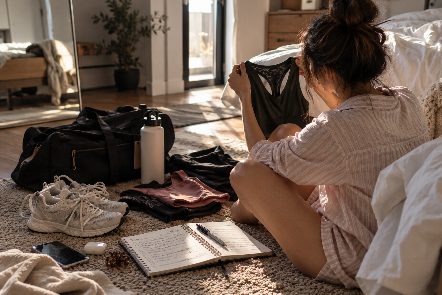Woman in pajamas holding workout clothes beside running shoes, water bottle and fitness planner while getting back in shape