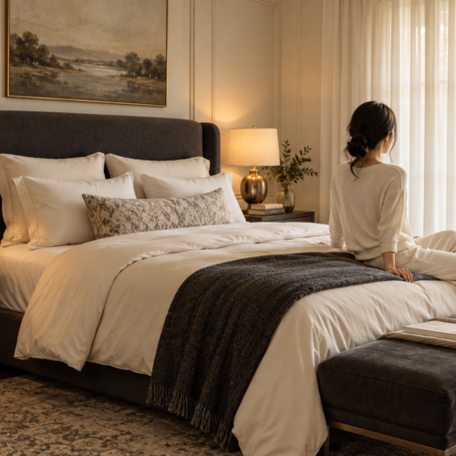 Boutique hotel bedroom with cream bedding, charcoal accents, warm brass bedside lamps, and a woman seated facing the window.