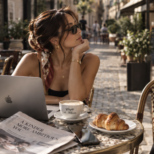 A woman at an outdoor cafe making extra money online
