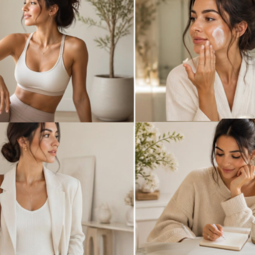 A woman in her 4 stages of herSeptember Glow-Up Challenge