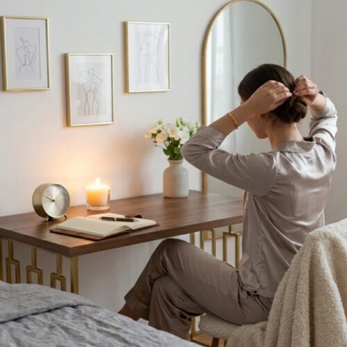 A woman in her desk doing her simple night routine habits